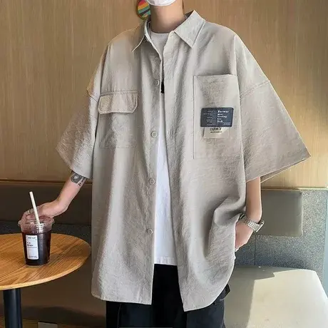 短袖衬衫男夏季冰丝衬衣男生上衣服潮牌潮流夏天休闲工装外套寸衫商品大图