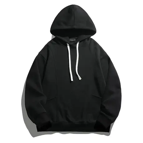 秋冬季纯黑色抽绳带子戴帽子套头侧边口袋卫衣男士2023新款春秋款商品大图