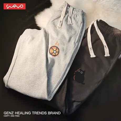 悦游 烤火黑猫 加绒卫裤男冬季高街宽松束脚休闲裤简约猫咪运动裤商品大图