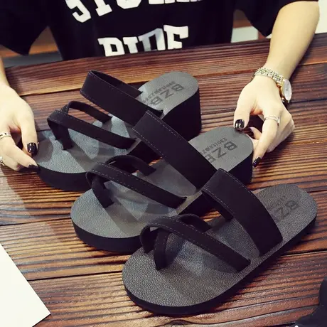 Bzbz简约时尚松糕凉拖女夏平底人字拖坡跟厚底夹拖外穿高跟沙滩鞋商品大图