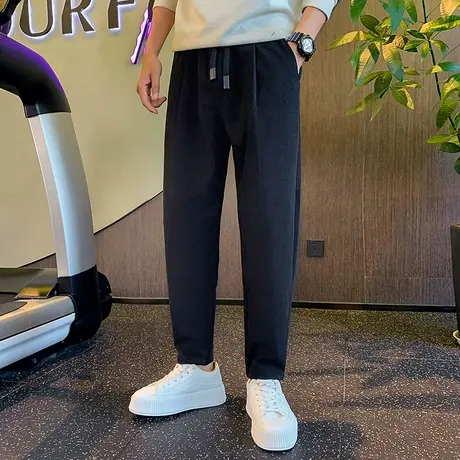 灯芯绒男裤秋冬新款纯色加绒宽松直筒哈伦裤冬款加厚运动休闲长裤图片
