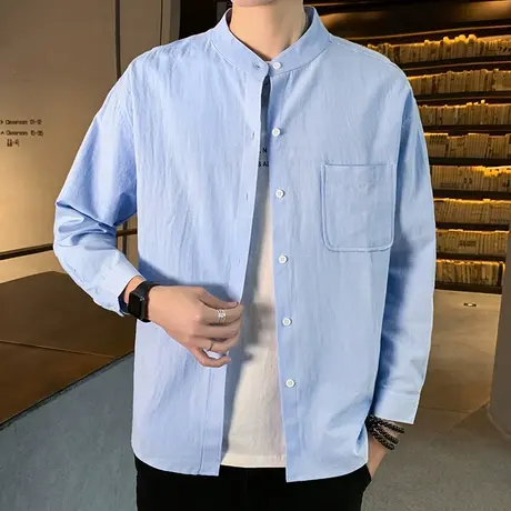 日系小立领牛津纺长袖衬衫男士春秋装休闲上衣宽松纯棉无领衬衣潮商品大图