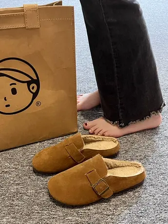勃肯鞋女2023秋冬新款懒人博肯棉鞋包头半拖鞋外穿平底加绒毛毛鞋商品大图