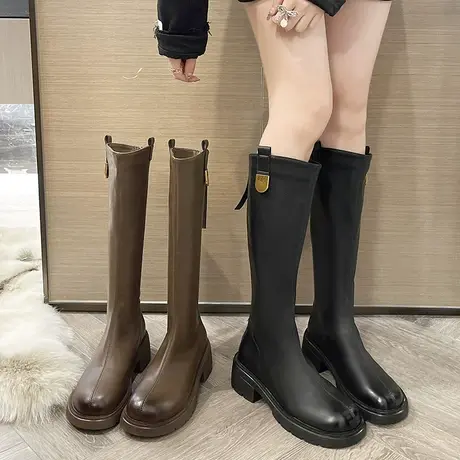 长筒靴女2023年秋冬季新款英伦风显瘦不过膝靴潮流粗跟防滑骑士靴商品大图