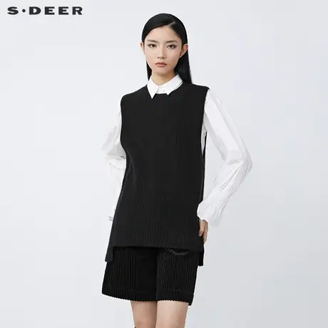sdeer圣迪奥2021秋冬新品翻领撞色针织马甲白衬衫两件套S21460523图片
