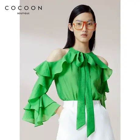 COCOON商场同款时尚上衣2023夏装新款女装温柔网纱系带短款蕾丝衫商品大图