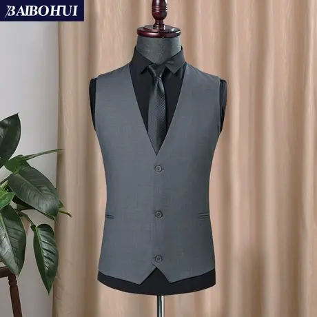 春秋新款休闲灰色西装马甲男韩版修身商务职业正装马夹男坎肩背心商品大图