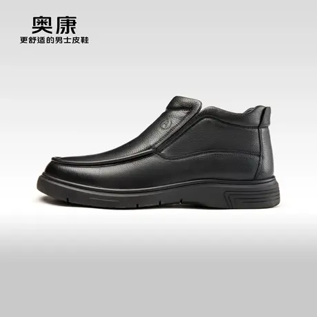 奥康男鞋 2023冬季新款真皮舒适高帮皮靴羊毛短筒保暖棉鞋爸爸鞋商品大图
