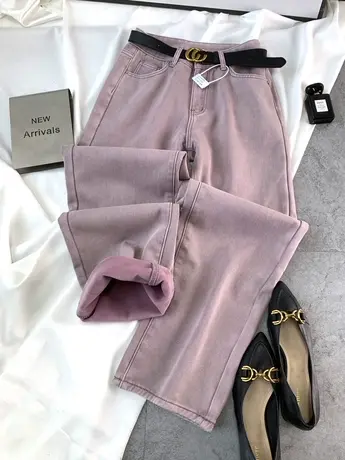 2023冬季新款紫粉加绒牛仔阔腿裤女高腰显瘦时尚百搭宽松直筒长裤商品大图