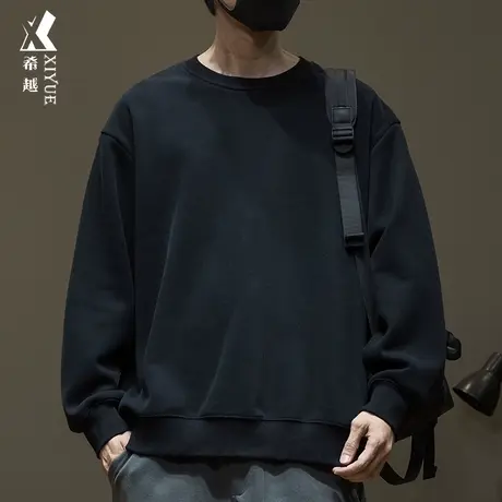 重磅加绒圆领卫衣男春季加厚奥粒绒宽松大码男士内搭T恤休闲上衣图片