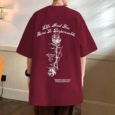 纯棉玫瑰t恤男夏季大码宽松短袖潮牌重磅美式高街复古半袖上衣服商品大图