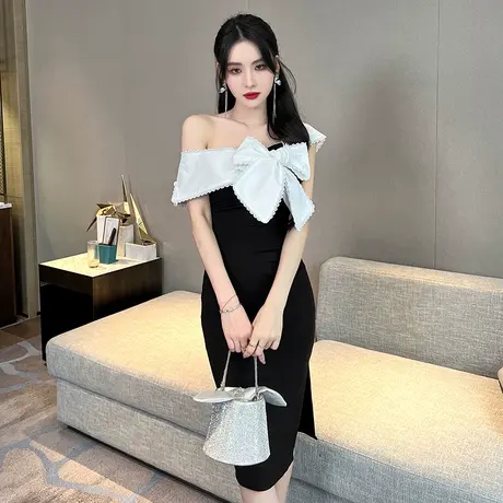 性感一字领蝴蝶结露肩礼服裙子女夏季新款气质修身显瘦包臀连衣裙图片