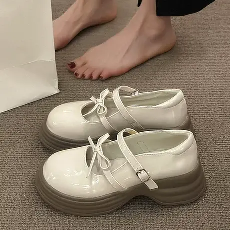 圆头蝴蝶结可爱小皮鞋女2024春季新款白色英伦风复古厚底玛丽珍单商品大图