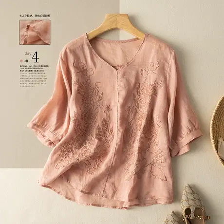 享永子满屏刺绣苎麻七分袖衬衫女夏文艺复古宽松棉麻上衣2024新款商品大图
