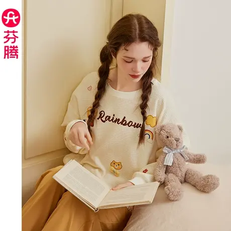 芬腾纯棉睡衣女春秋季圆领套头长袖卡通甜美少女可外穿家居服套装商品大图