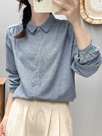 春秋季韩版文艺复古双层纱小格子纯棉长袖衬衫女宽松百搭打底上衣商品大图