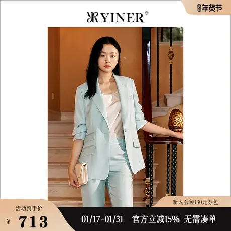 YINER音儿女装2022夏季气质褶皱短袖西装短外套商品大图
