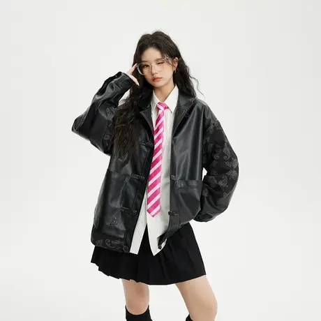黑色复古新中式皮衣外套女春秋2024新款拼接盘扣夹克宽松国风上衣商品大图
