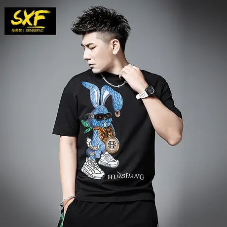 SXF圣希梵短袖男 夏季2024新款珠片刺绣兔子半袖体恤男士T恤潮流商品大图