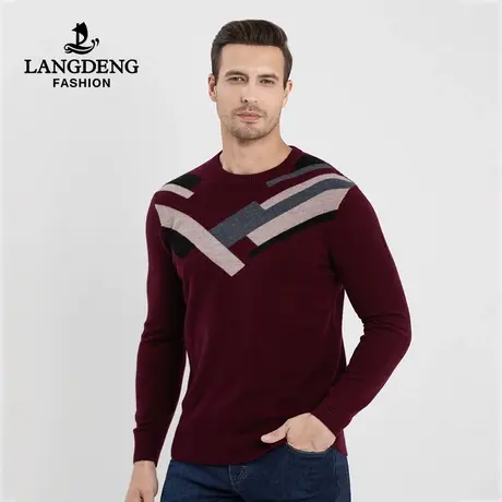 浪登男士厚款保暖羊毛衣2022秋冬新款时尚百搭圆领撞色休闲针织衫商品大图