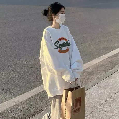 设计感圆领卫衣女2022新款秋冬加绒加厚ins潮牌韩版宽松大码上衣图片