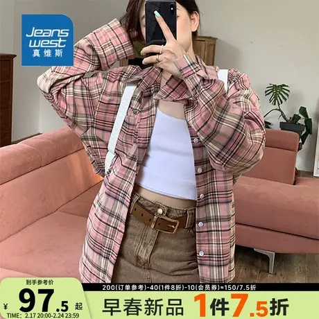 GE真维斯翻领复古格子空调衫长袖衬衫女装宽松休闲小众上衣ins潮商品大图