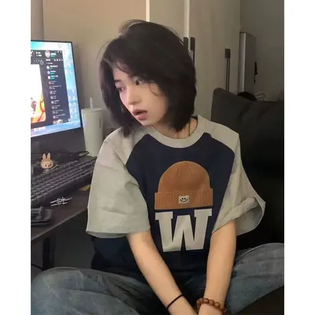 美式复古拼色插肩短袖T恤女纯棉夏装百搭宽松显瘦半袖体恤ins潮牌商品大图