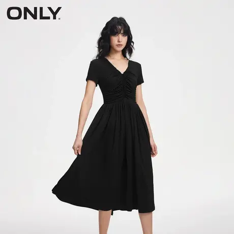 ONLY奥莱春季新款时尚简约抽褶设计V领中长款连衣裙女图片