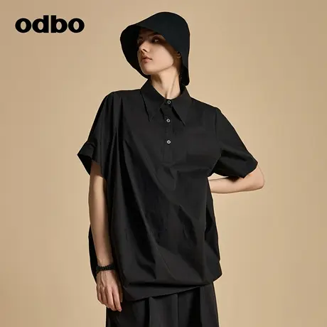 odbo/欧迪比欧原创设计复古Polo领黑色衬衫女早秋2023年新款上衣图片