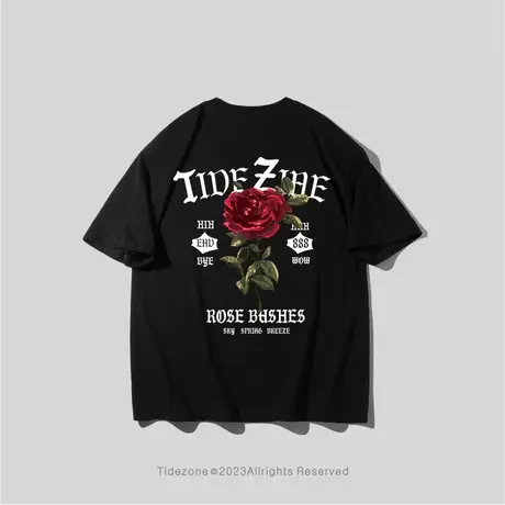 Ohlyah复古水洗玫瑰花卉短袖T恤男美式宽松黑色圆领五分袖体恤潮商品大图