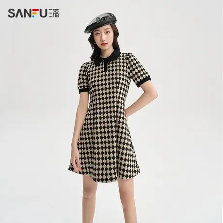 三福polo连衣裙2024新款夏季小个子设计感收腰显瘦短款格子裙女装商品大图