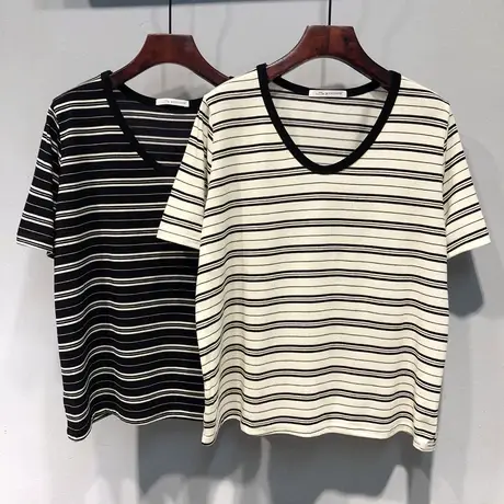 2024春夏 韩国ulzzang新款露锁骨V领显瘦宽松横条纹短袖T恤上衣女图片