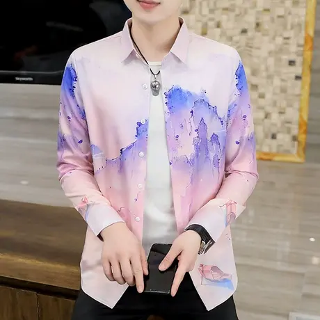 潮牌设计感长袖衬衫男士秋季水墨画寸衫韩版潮流时尚帅气印花衬衣商品大图
