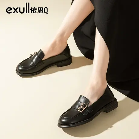 依思q配裙子气质单鞋女春季2024新款粗跟乐福鞋黑色软皮小皮鞋女商品大图