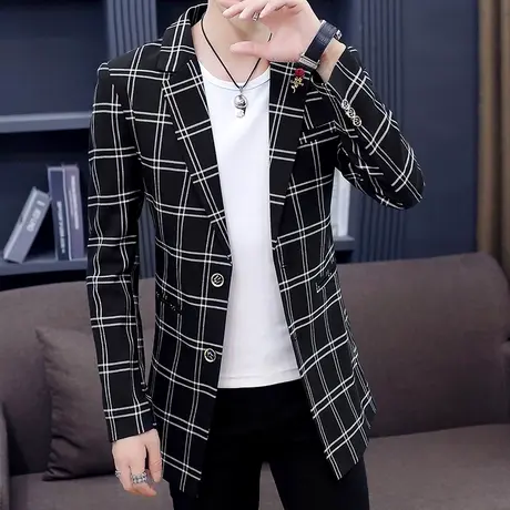 男士中长款风衣秋季韩版格子休闲西服单西外套潮男装帅气修身披风商品大图