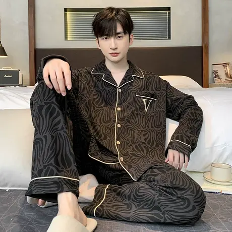 婷美男士睡衣春秋季纯棉长袖开衫翻领休闲全棉秋冬天家居服两件套商品大图