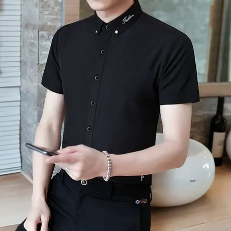 夏季弹力衬衫男短袖韩版修身休闲免烫衬衣男士刺绣黑色帅气寸衫潮图片