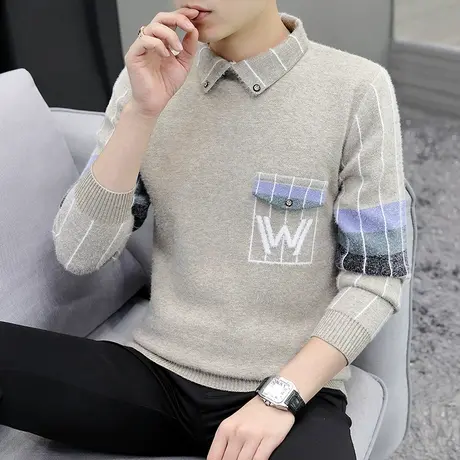 衬衫领水貂绒毛衣男士秋冬季假两件针织衫打底衫潮牌内搭修身线衣商品大图