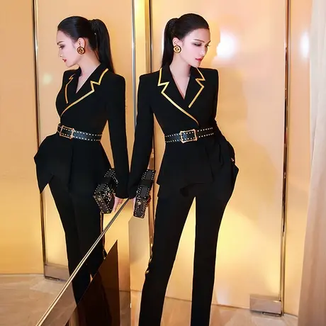 VJE秋季假两件连体裤女新款气质性感长袖西装领收腰连体衣商品大图