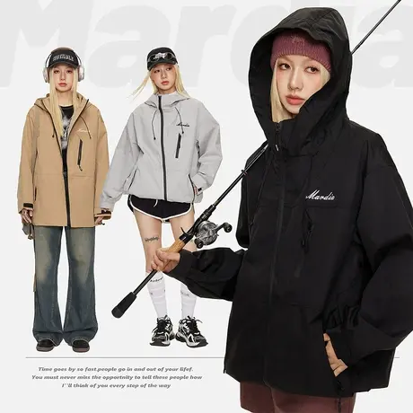 潮牌户外冲锋衣女外套春秋2023新款复古宽松oversize连帽运动夹克商品大图