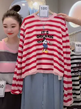 卡通米奇长袖防晒衫女2023新款韩版宽松条纹减龄短款百搭洋气t恤图片