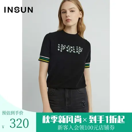 恩裳2023年夏新品百搭基础黑色针织印花撞色层次感短袖商品大图