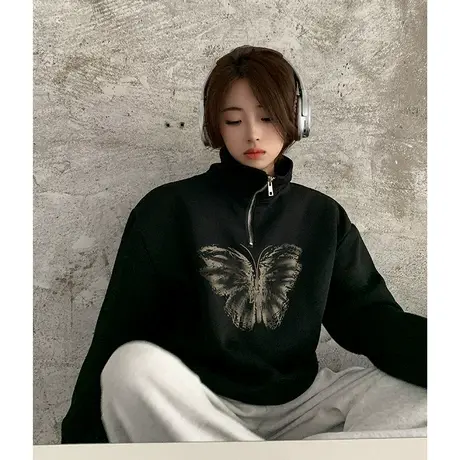 纯棉Polo领卫衣女设计感半拉链学院风宽松oversize春秋季复古外套商品大图