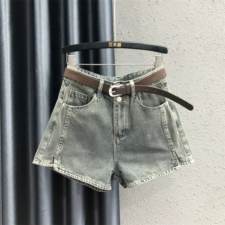 欧货2023夏季新款怀旧开叉休闲牛仔短裤女高腰显瘦A字阔腿裤热裤商品大图