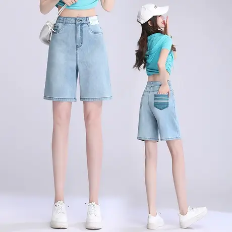 浅色五分牛仔短裤女2023夏季薄款刺绣复古时尚高腰显瘦洋气直筒裤商品大图