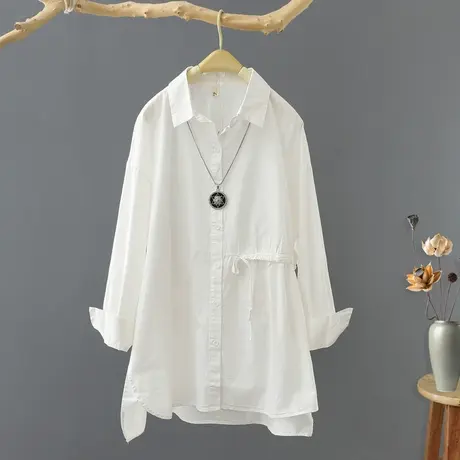 上衣女装中长款长袖衬衫女纯色外套2023秋装新款设计感宽松衬衣潮图片