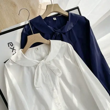 春装文艺小清新长袖白衬衫女宽松兔耳朵蝴蝶结学院风纯棉女生衬衣图片
