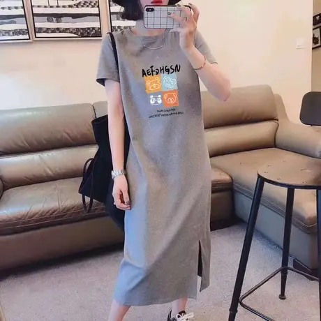 开叉高级感连衣裙女2023新款夏季中长款减龄短袖t恤裙遮肚子长裙图片