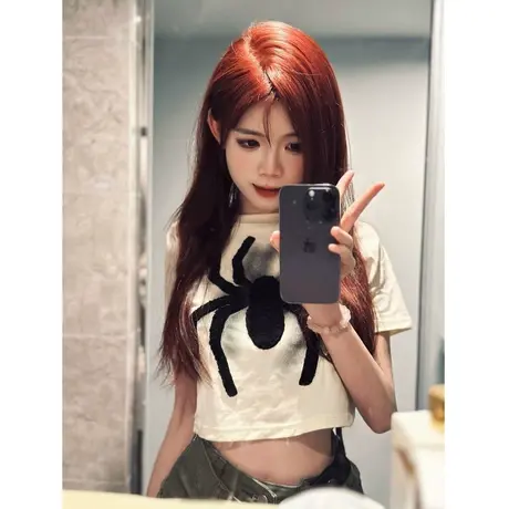 大码胖mm美式复古辣妹毛巾绣短袖T恤女夏季甜辣修身显瘦短款上衣图片