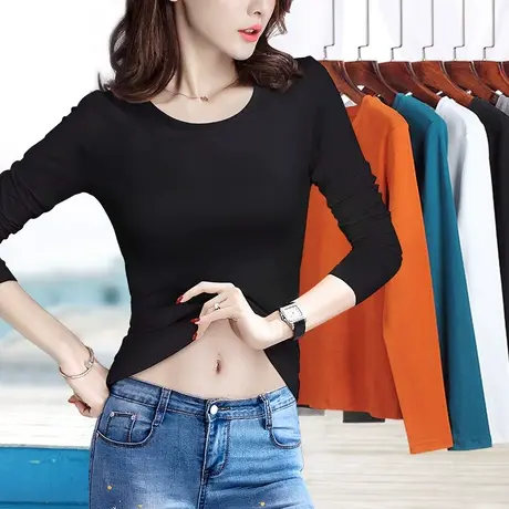 黑色打底衫女内搭螺纹薄款纯白色小低圆领早春春秋款长袖修身大码图片